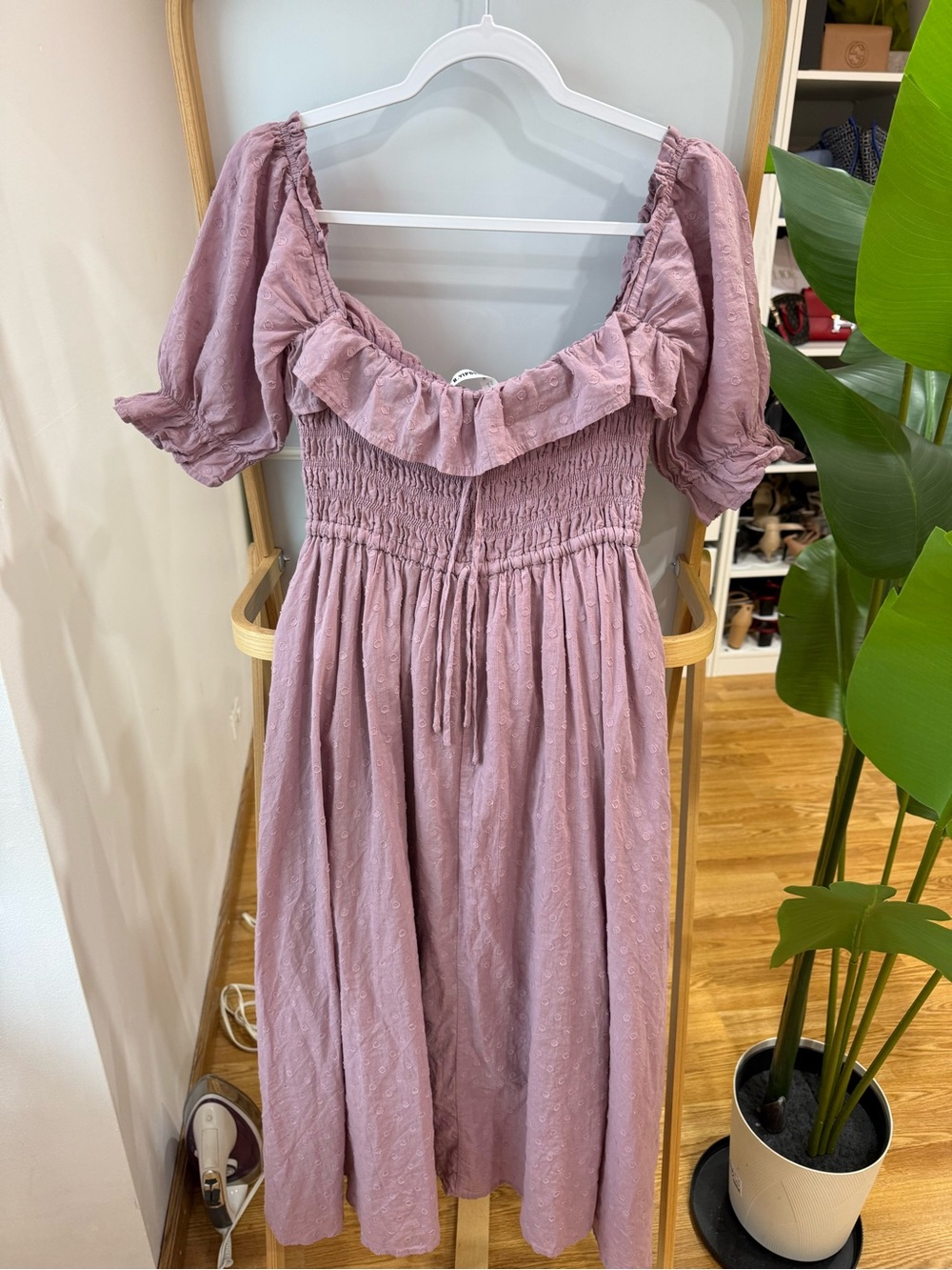 Smocked Midi Dress with Ruffle Neckline in Dusty Mauve 💯 cotton
